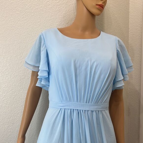 JJ’S House Formal Womans Dress Blue Scoop Neck Flutter Sleeve Maxi Sheer Lined - Picture 3 of 11